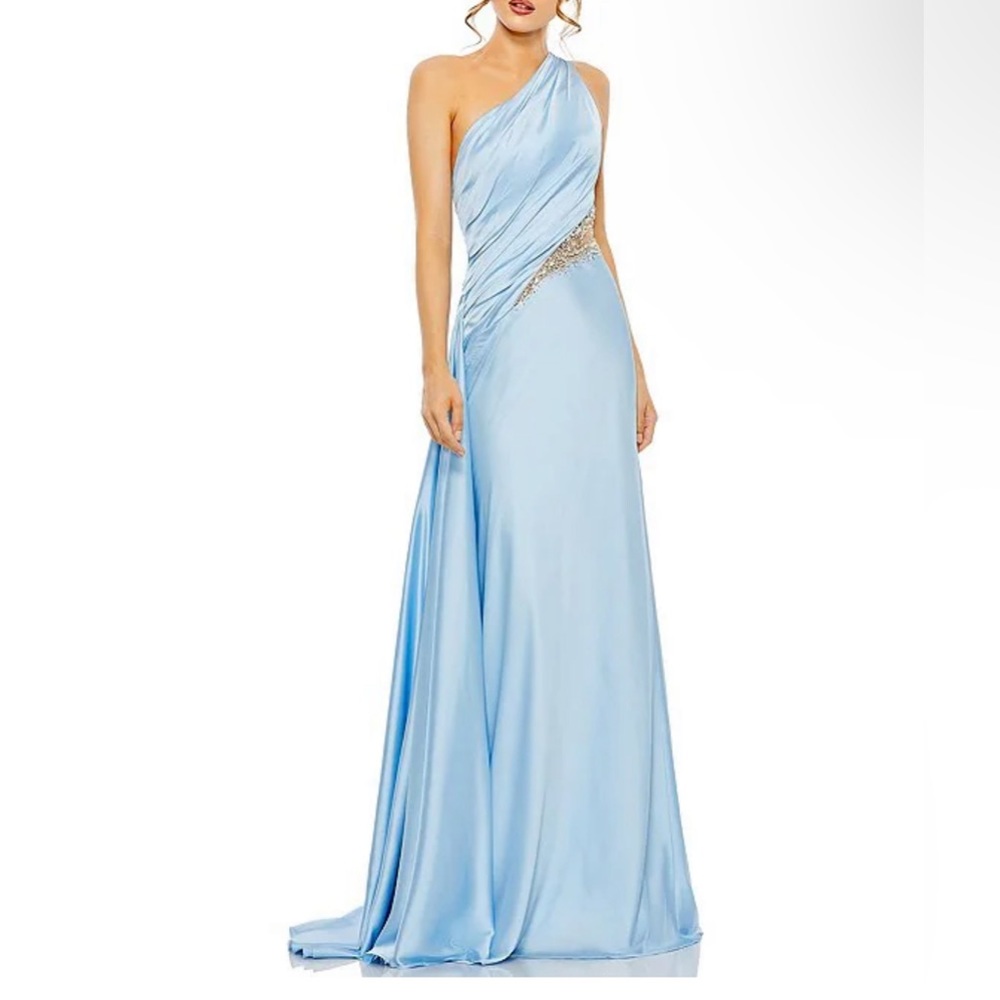 Mac Duggal #2210 Crystal Detail One-Shoulder Blue Satin Gown, size 12,